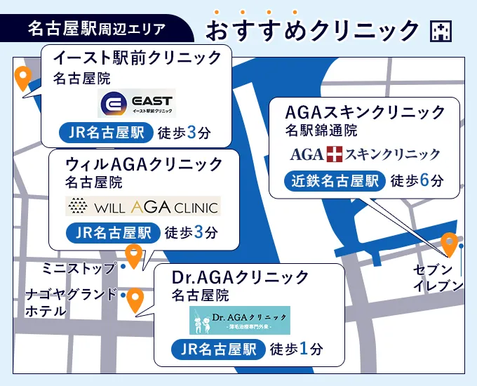 名古屋駅周辺のAGA治療ができるクリニックのマップ